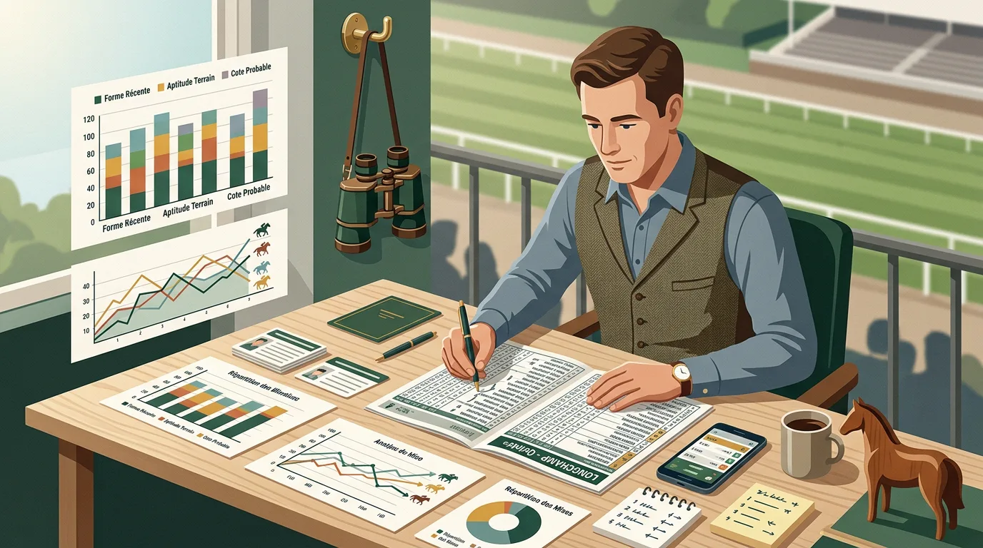 Méthode pronostic quinté illustrant un turfiste analysant les partants sur un programme à Longchamp avant le départ