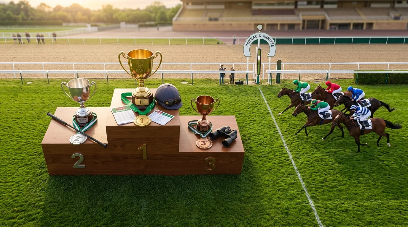 Pronostic quinté aujourd'hui illustré par un peloton serré franchissant le poteau d'arrivée à Longchamp sous la lumière du matin